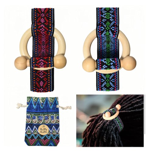 Nutty Natte 2 Pcs Knotted Elastic Hair Tie for Dreadlock and thick hair Accessories extra long wide elastic embroidered rubber band Ponytail Holders Loc Hair Accessories Long Dread Toggle wood Bands