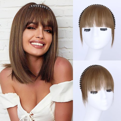 Yargel Hair Human Hair Clip in Bangs Wispy Bangs Fringe with Rhinestone Band Age reducing styling Hairpieces for Women Clip on Air Flat Neat Bangs Hair Extension for Daily Use (Medium Auburn Brown 6#)