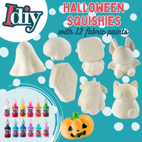 Halloween Party Craft Kit Jumbo Squishies (8 Unique Spooky Shapes w 12 Fabric Paints)-White Kawaii Scented Slow Rise Squishy Toys, Decorating, Scented Stress Craft, Kids Birthday Activity Gift (4-6")