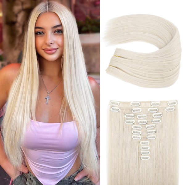 REECHO Hair Extensions, 11PCS Clip in Hair Extensions 24" Long Straight hair extensions HE005 Natural Soft Synthetic Hairpieces for Women – Platinum Blonde