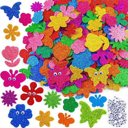 Natonhi 330pcs Glitter Flower Stickers 10 Colors Foam Flower Stickers and Butterfly Stickers with 200 Self-Adhesive Eyes Kid Preschool Activity DIY Arts Craft Supplies for Greeting Cards Decoration