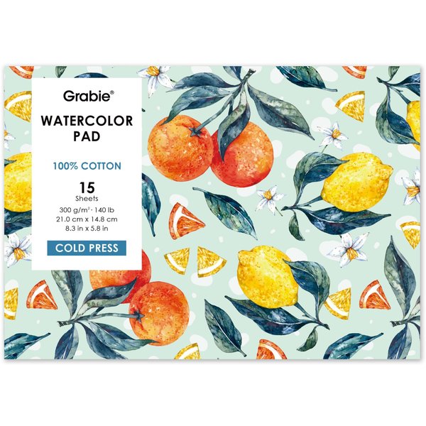 Grabie Watercolor Paper Pad, 100% Cotton Pulp, 15 Sheets, A5 (8.3 x 5.8), 140lb (300gsm), Glue Bound, Acid-Free Cold Pressed Watercolor Paper, Art Supplies for Watercolor Techniques and Mixed Media