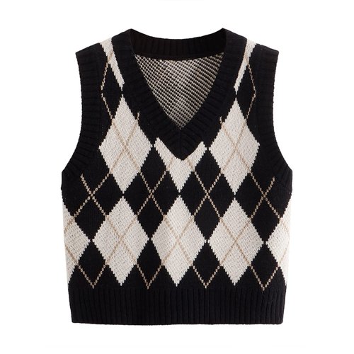 SweatyRocks Women's Plaid Geo Sleeveless V Neck Knit Crop Top Sweater Vest Black Beige M