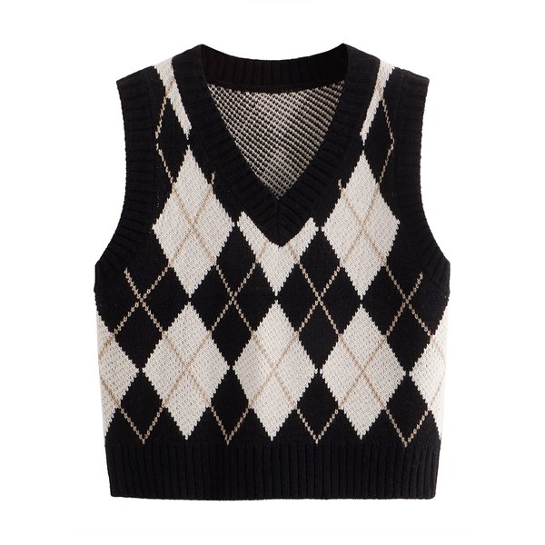 SweatyRocks Women's Plaid Geo Sleeveless V Neck Knit Crop Top Sweater Vest Black Beige M