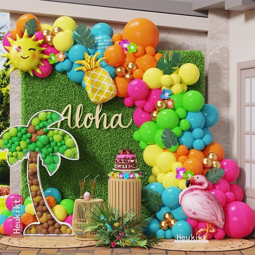 Tropical Hawaiian Party Decorations 155Pcs Luau Balloon Garland Arch Kit, Hot Pink Orange Yellow Pineapple Flamingo Balloons for Tropical Summer Beach Pool Birthday Coconut Party Supplies