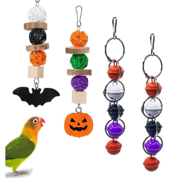 HZAKXIN 4Pcs Halloween Bird Toys Parrot Chew Toys Teeth Care Grinding Accessories Halloween Little Bell for Parakeet Conure Lovebird Cockatiel Finch Budgie Parrots