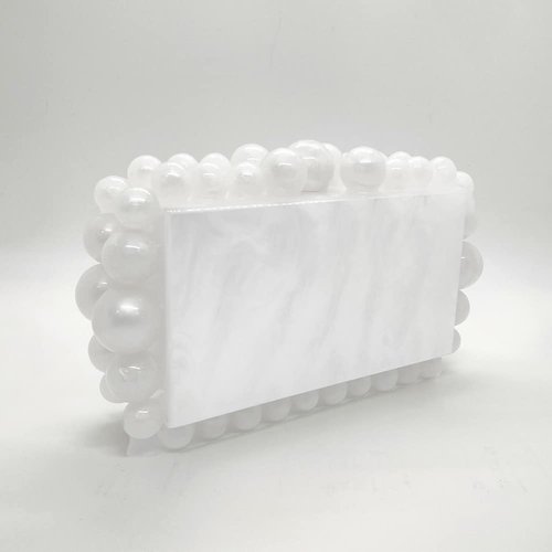 CUXVA Acrylic Clutch for Women with Marbling Evening Handbag Bridal Purse Crossbody Bag with Glitter Beads for Wedding Christmas Cocktail Party White