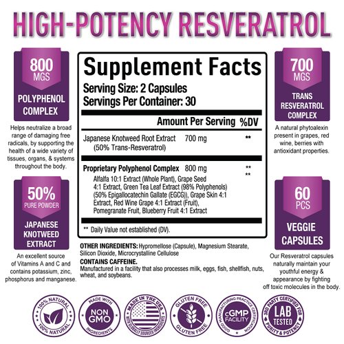 Premium Resveratrol Supplement 1500mg - Max Strength, Trans Resveratrol Capsules - with Grape Seed & Green Tea Extract - 30 Days Supply