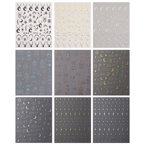 JMEOWIO 9 Sheets Moon Star Nail Art Stickers Decals Self-Adhesive Pegatinas Uñas Colorful Nail Supplies Nail Art Design Decoration Accessories