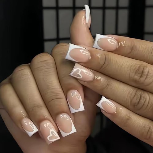 White French Tip Heart Press on Nails Medium Square Fake Nails Glossy Nude Acrylic False Nails Cute French Glue on Nails Reusable Stick on Nails for Women Valentine’s Day Nail Decorations, 24Pcs