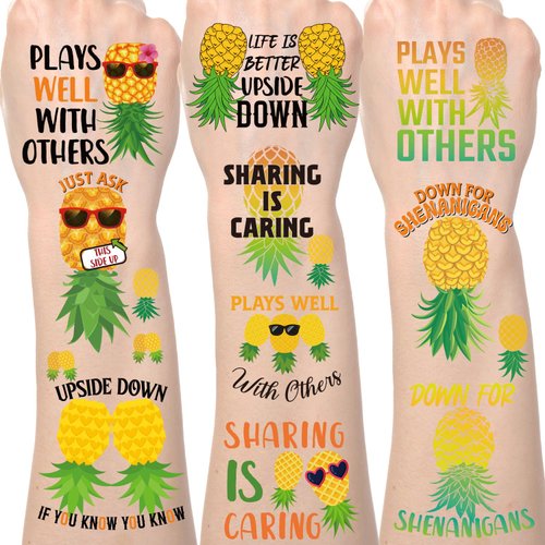 Upside Down Pineapple Temporary Tattoos - Lovarywow 200+ Cool Pineapple Temporary Tattoos Stickers for Men Women Fruit Themed Party Decorations Supplies Favors Funny Upside Down Fake Tattoo Prizes