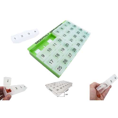 31 compartments, 1 per Day, 4 Week Monthly Pill Organizer by Promed. Includes Tray and 8 Removable compartments. (Green)