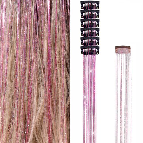 Hair Tinsel Clip in Tinsel Hair Extensions, 6Pcs 21.13In Fairy Glitter Hair Tinsel for Women Sparkle Heat Resistant Festival Hair Accessories for Halloween, Christmas, New Year, Party, Cosplay