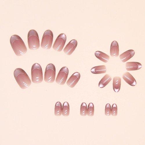 Hkanlre Medium Press on Nails Nude Gradient Shiny Fake Nails Tips Full Cover False Pink Nails for Women and Girls 24PCS