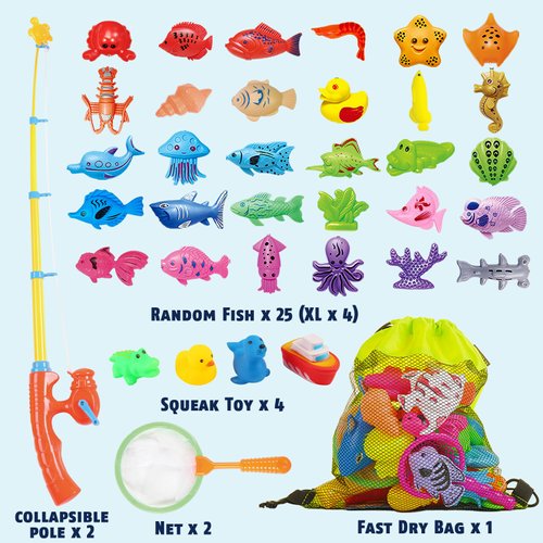 CozyBomB™ Magnetic Fishing Game for Kids | Bath Pool Toys Set for Water Table Learning Education Fishin for Bathtub Fun with 4 Squeak Rubber Animal and Boat, Poles Rod Net Fishes for Kids Age