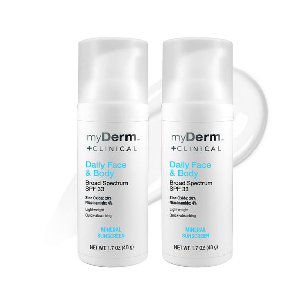 Twin Pack - myDerm CLINICAL Daily Face & Body SPF 33 Mineral Sunscreen Lotion (2 Pack)