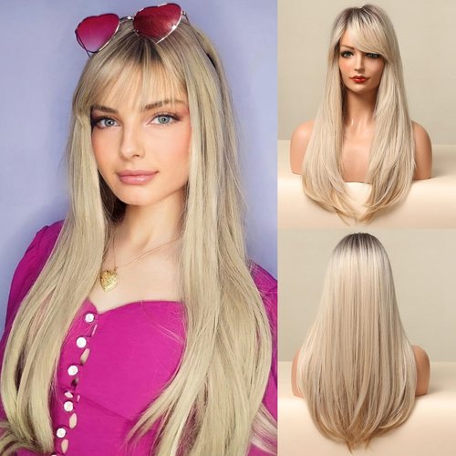 BERON Blonde Ombre Wigs with Bangs Straight Long Hair Wigs Women's Platinum Blonde Heat Resistant Synthetic Natural Looking Wig for Daily Use