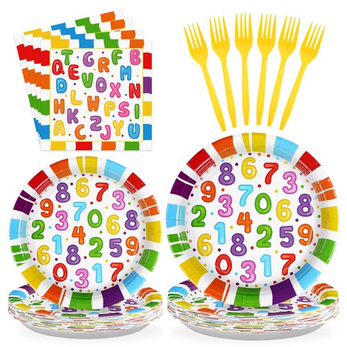 96Pcs Educational Party Supplies 350 GSM Alphabet Number Party Plates and Napkins Early Learning Tableware Set for Kids Baby Shower Back to School Alphabet Number Birthday Party Decorations,Serves 24