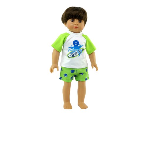 American Fashion World Boy’s Surfing Octopus Rash Guard and Swim Trunks Set for 18-Inch Dolls | Premium Quality & Trendy Design | Dolls Clothes | Outfit Fashions for Dolls for Popular Brands