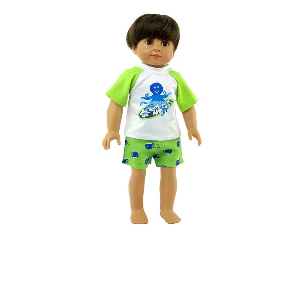 American Fashion World Boy’s Surfing Octopus Rash Guard and Swim Trunks Set for 18-Inch Dolls | Premium Quality & Trendy Design | Dolls Clothes | Outfit Fashions for Dolls for Popular Brands