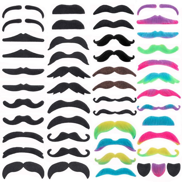 Parceria 48 Pcs Fake Mustache, Colorful and Varied Styles of Fake Beard Realistic Mustache, Self Adhesive Novelty False Facial Hair, Easy to Remove and Skin Friendly Costume Beard