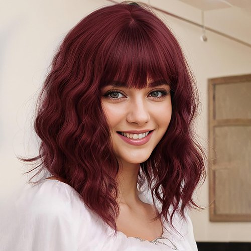 ENTRANCED STYLES Wavy Bob Wigs for Women Short 99J Burgundy Wig with Bangs 14 Inch Heat Resistant Synthetic Wig Wavy Curly Wine Red Wig Daily Party Use