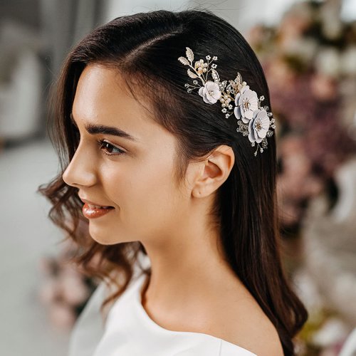 AW BRIDAL Rhinestone Pearls Bridal Hair Comb White Flower Wedding Hair Pieces Pearl Hair Side Comb Wedding Hair Accessories for Brides (Silver)