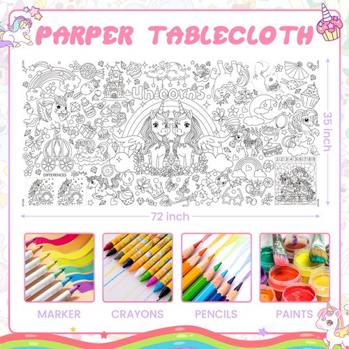 Giant Coloring Poster,35x72Inch,Versatile Unicorn Birthday Activity Drawing Paper Coloring Tablecloth,DIY Rainbow,Unicorn Poster Table Cover Kids Art Crafts Coloring Mat,Home Classroom Party Suppiles