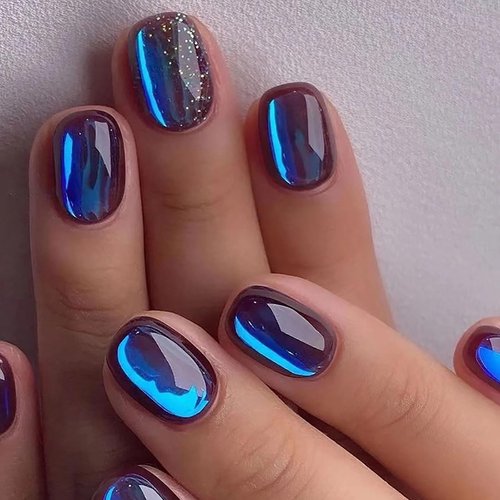 Press On Nails Short Square Cat Eye, Dark Blue Fake Acrylic Nails Press ons Medium, Fit Perfectly & Natural Stick On Nails in 12 Sizes - 24PCS Soft Gel Fake Nails Kit
