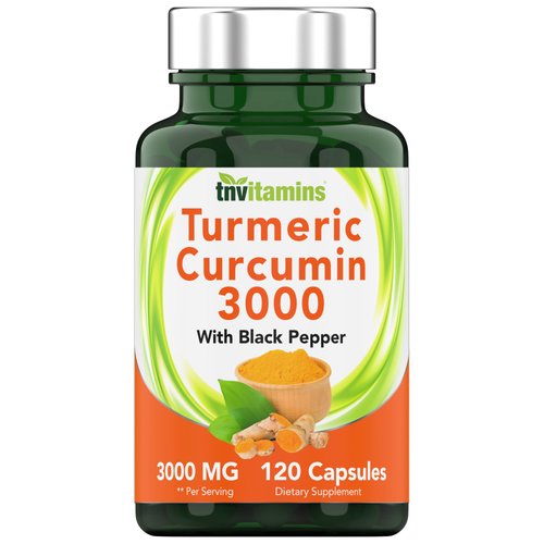 tnvitamins Turmeric Curcumin Capsules with Black Pepper | 3000 MG - 120 Capsules | Extra Strength Golden Turmeric Curcumin Supplement | Non-GMO | Produced in The USA