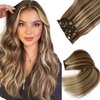 Clip in Hair Extensions Real Human Hair Clip in Extensions,18 Inch Chestnut Brown Balayage Blonde Highlights Real Hair Extensions Clip in Human Hair 7 Pieces 70G Double Weft Remy Human Hair Extensions