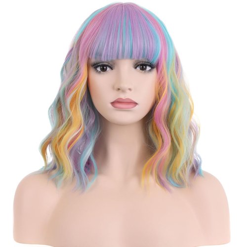 PATTNIUM Rainbow Wig Short Wavy Colorful Wig Pastel Rainbow Wig with Bangs Multicolor Wig for Women Girls Heat Resistant Synthetic Cosplay Costume Wig (Rainbow)