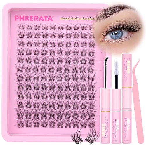 PHKERATA Invisible Band Lash Clusters Kit Wispy Lash Extension Kit Natural Eyelash Clusters C Curl DIY Cluster Eyelash Extension Kit Individual Lashes with Lash Glue Bond and Seal Tweezers, 8-16 mm