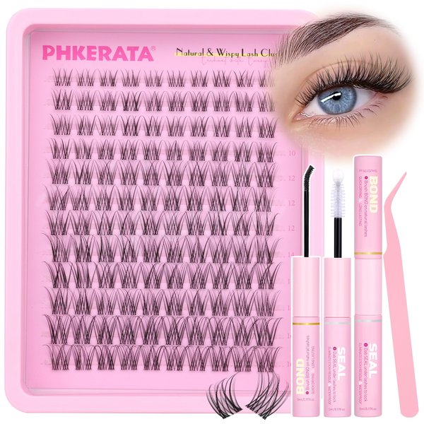 PHKERATA Invisible Band Lash Clusters Kit Wispy Lash Extension Kit Natural Eyelash Clusters C Curl DIY Cluster Eyelash Extension Kit Individual Lashes with Lash Glue Bond and Seal Tweezers, 8-16 mm