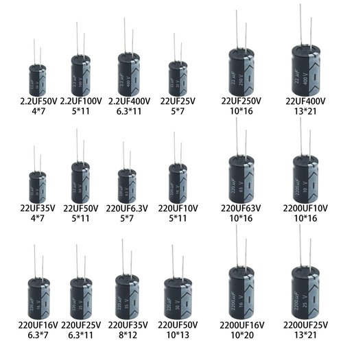 Electrolytic Capacitors 2.2uF 22uF 220uF 2200uF 6.3V 10V 16V 25V 50V 63V 100V 250V 400V Used in Toys Home Appliances Smart Meters Lighting Audio18Value 300Pcs XUANSN Capacitor Kit