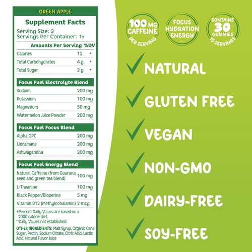 FocusFuel Energy Chews - Focus + Energy Gummies, 100mg Caffeine per 2 Gummies, Includes B12, Magnesium, Electrolytes, All-Natural Ingredients (Green Apple - 30 Chews, 3.17oz)