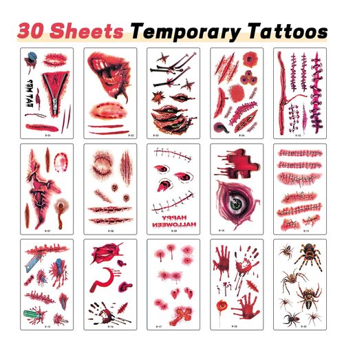 30 Sheets Fake Scars Temporary Tattoos, Horror Realistic Wound Stitch Face Body Makeup Zombie Sticker, Cosplay Masquerade Prank Scary Halloween Party for Kid Women Men Boys Girls