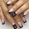 Black French Tip Press on Nails Medium Length Square Fake Nails Nude Pink Glossy Full Cover Glue on Nails Coffin Nails Bow Charms Designs Cute False Nails for Women Girls Acrylic Nail Decorations