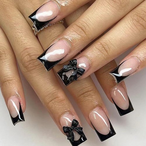 Black French Tip Press on Nails Medium Length Square Fake Nails Nude Pink Glossy Full Cover Glue on Nails Coffin Nails Bow Charms Designs Cute False Nails for Women Girls Acrylic Nail Decorations