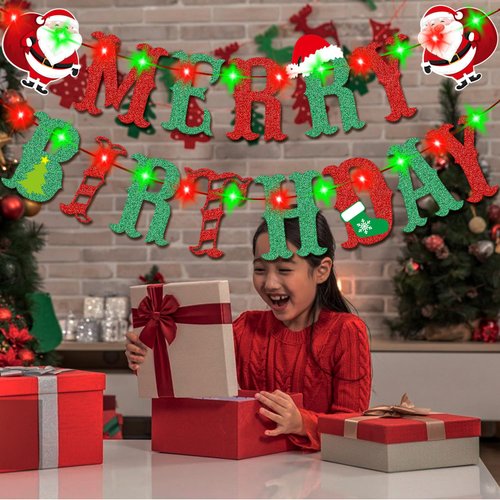 Christmas Birthday Party Decorations,Merry Birthday Banner with Light,Christmas Happy Birthday Banner with String Lights LED Lights String for Birthday Christmas Fireplace Home Decorations