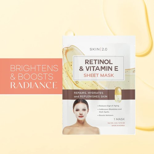 Skin 2.0 Retinol and Vitamin E Sheet Face Mask - Diminishes Blemishes, Acne Scars & Hyperpigmentation, Hydrating, Anti-aging Sheet Mask - Cruelty Free Korean Skin Care For All Skin Types - 5 Masks