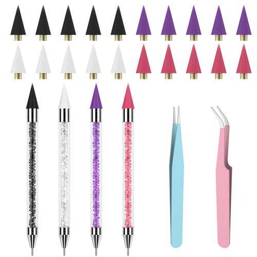 OIFEN Rhinestone Picker Tool ,4 Pcs Dual-Ended Wax Pencil for Rhinestones with 20 Extra Wax Tips and 2 Tweezers for Nail Art Decoration