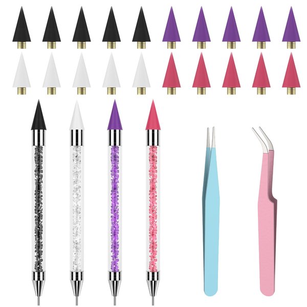 OIFEN Rhinestone Picker Tool ,4 Pcs Dual-Ended Wax Pencil for Rhinestones with 20 Extra Wax Tips and 2 Tweezers for Nail Art Decoration