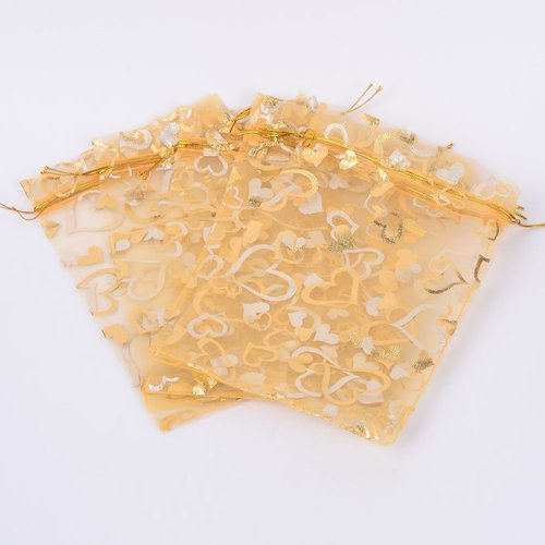 PH PandaHall 5x7 Inch Heart Printed Organza Bags 100pcs Goldenrod Gift Bags Jewelry Pouch Bags Organza Mesh Sheer Drawstring Bags Wedding Favors Bag for Valentine's Day Mother Festival Christmas