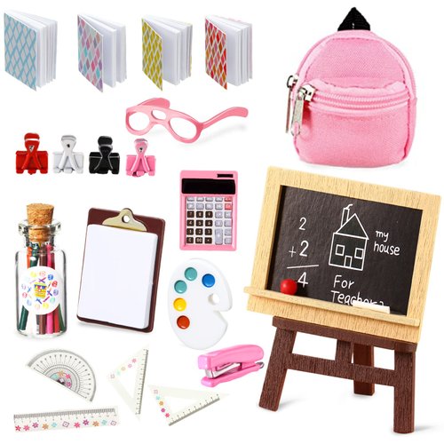 18 Piece Mini School Supplies for Dolls, Doll House School Supplies Accessories Includes Doll Backpack Glasses Blackboard Mini Book Palette Paper Clipboard Clamp Ruler Scissors Calculator Doll Set