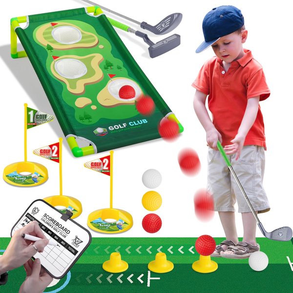 Liberry Kids Golf Club Set for 3 4 5 6 Years Old Boys Girls, Toddler Golf Set with Putting mat, Cornhole Board, Scorecard, Outdoor Indoor Sports Toys Christmas Birthday Gift