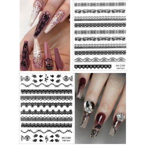 EBANKU 9 Sheets Lace Nail Art Stickers, Black Lace Flower Design 3D Self-Adhesive Nail Sticker Decal for Women Girls DIY Nail Art Decoration
