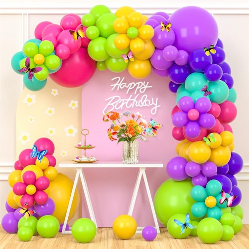 Magic Balloon Garland Kit Assorted Colors Latex Balloons Arch with Colorful Butterfly Flower Foil Balloons Butterfly Stickers for Birthday Wedding Bridal Shower Baby Shower Decorations Party Supplies