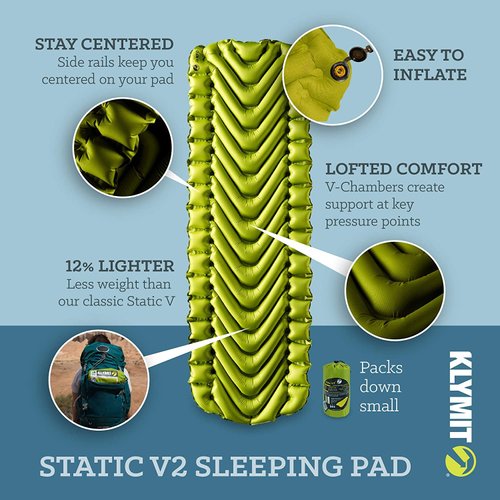 Klymit Static V2 Inflatable Sleeping Pad for Camping, Ultralight Hiking and Backpacking Air Bed, Green