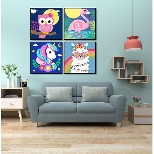 MXCFZX 4 Pack Paint by Numbers for Kids - Paint by Number for Kids Beginners Easy Acrylic Watercolor Paint Numbers Canvas Arts for Kids Ages 4-8, Oil Painting Paint by Number Kits for Decoration 8x8in